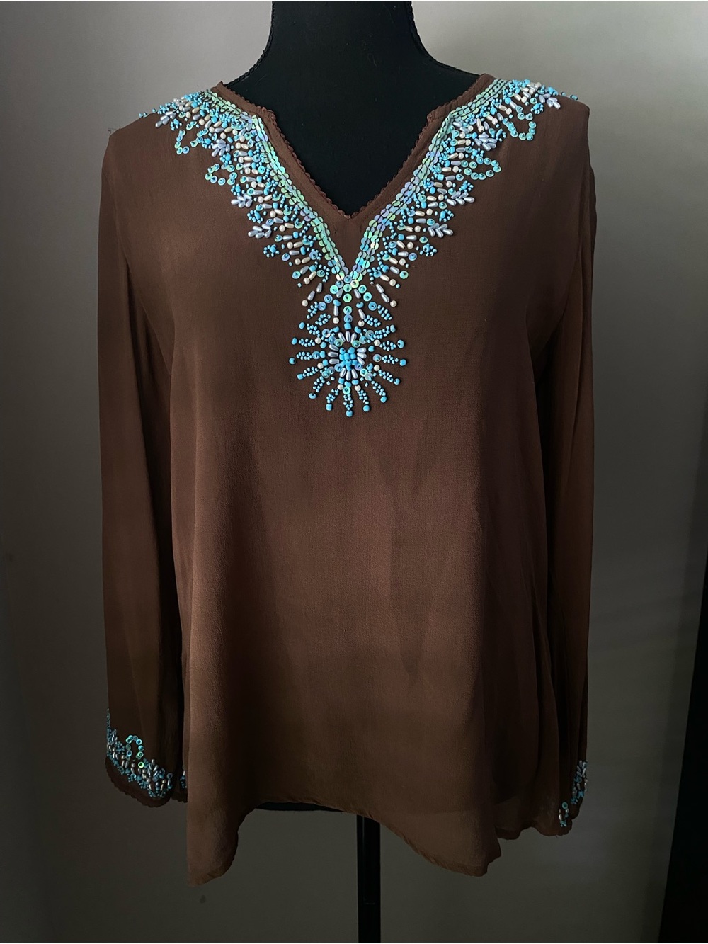 Vintage ITSU size 10 Y2K 100% silk brown beaded long sleeve sheer blouse